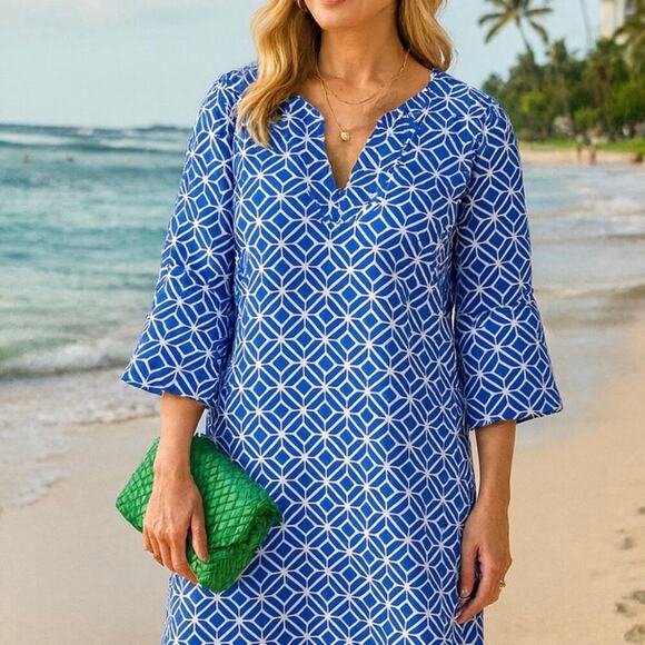 Jude Connally Megan Dress Size M Cobalt Blue Star Lattice 3/4 Sleeve Nautical - Picture 2 of 13